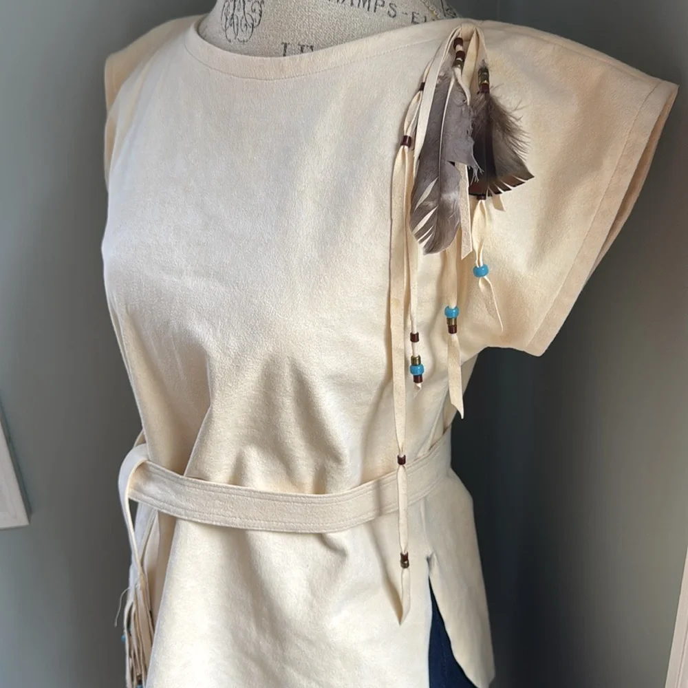 Native American appliqué Jean midi skirt with feather faux suede tunic EVC small